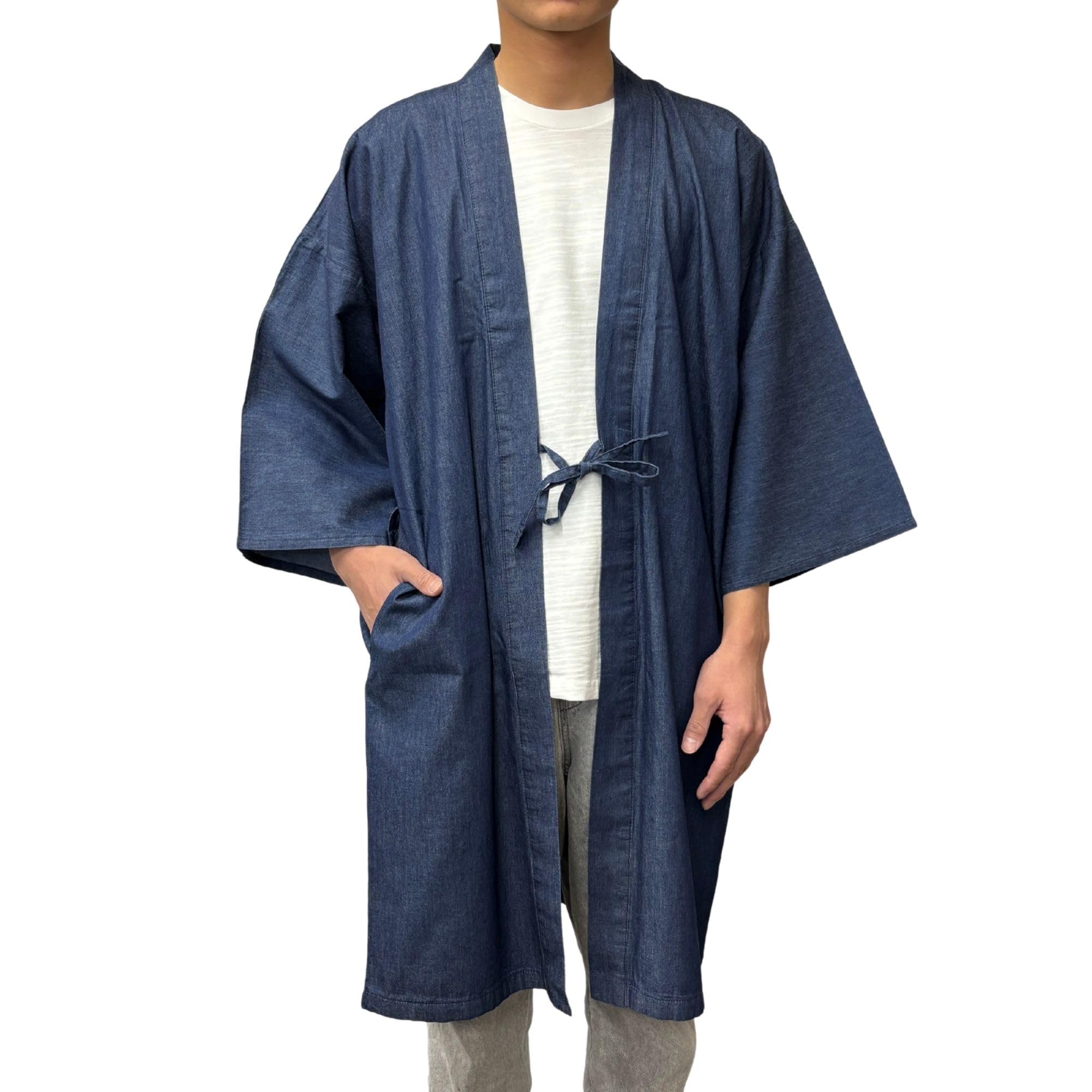 [日本の首都てん] はっぴ 先染ジーンズ出どころ 4.5薬局衡オンス透け透け 長半纏 袢纏 法被 羽織り 3WAY 綿100％ メンズ レディース 無地 紺 3L（XXL） その他-レディースファッション