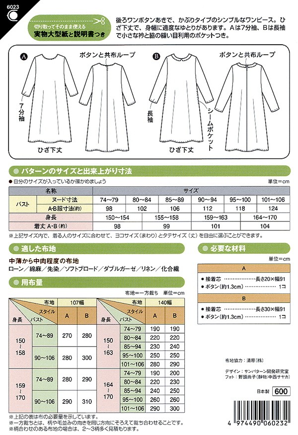 楽天市場 6023 フィットパターンサン Aラインワンピース 型紙 取寄せ品 C3 10 アベイル コマドリ 生地 毛糸