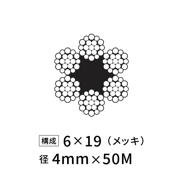 ワイヤーロープ 鉄 メッキ JIS外 径4mm 50M 【6×19】