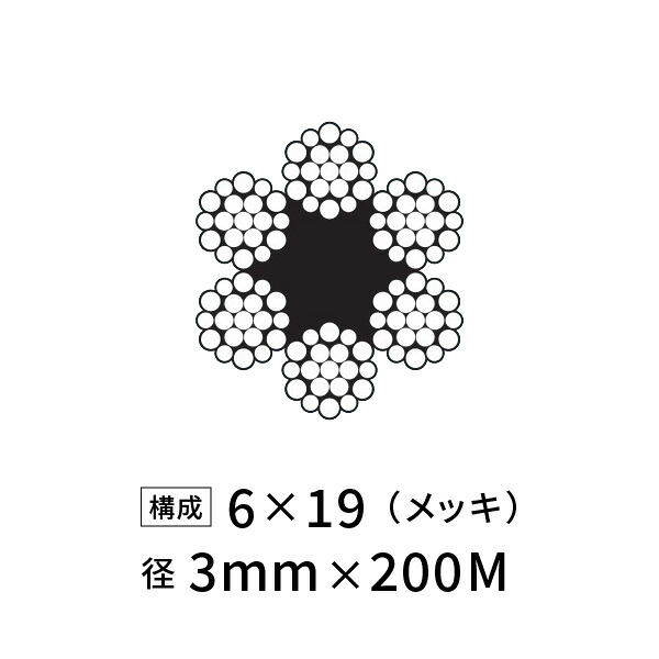 ワイヤーロープ 鉄 メッキ JIS外 径3mm 200M 【6×19】|あかばね金物