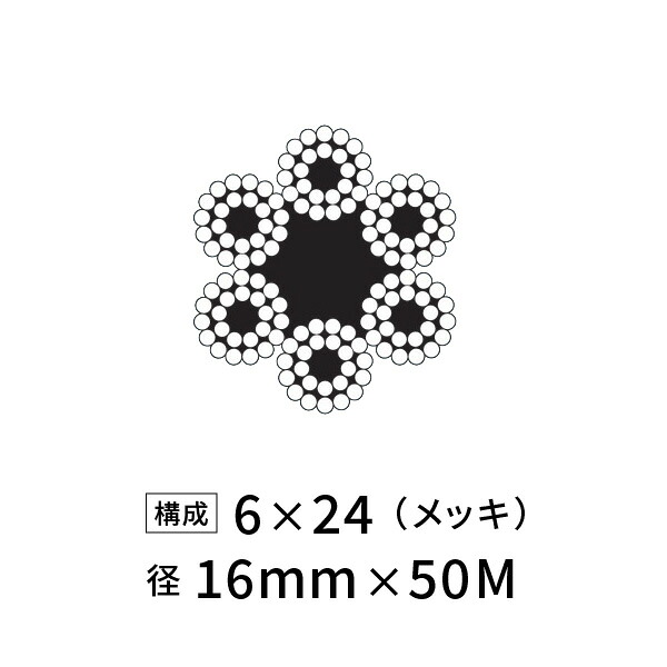 ワイヤーロープ 鉄 メッキ JIS 径16mm 50M 【6×24】|あかばね金物