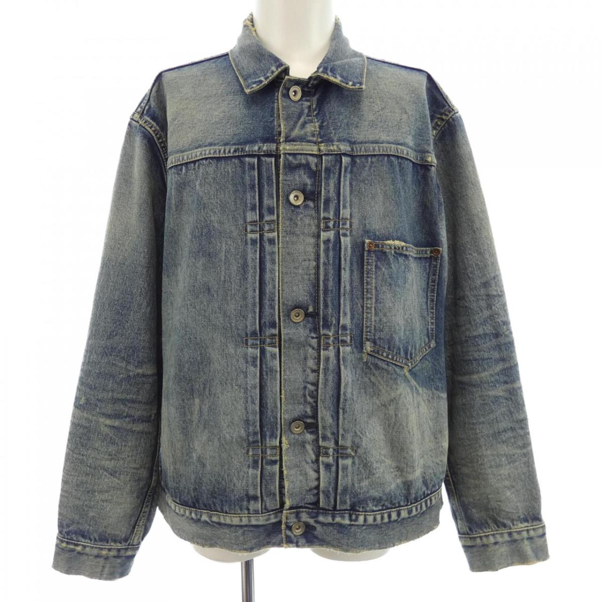 [SACAI]デニムパネル フレイドコットンブークレ ジャケット Sacai ポインテッドカラー ジャケット | ブルー | FARFETCH JP