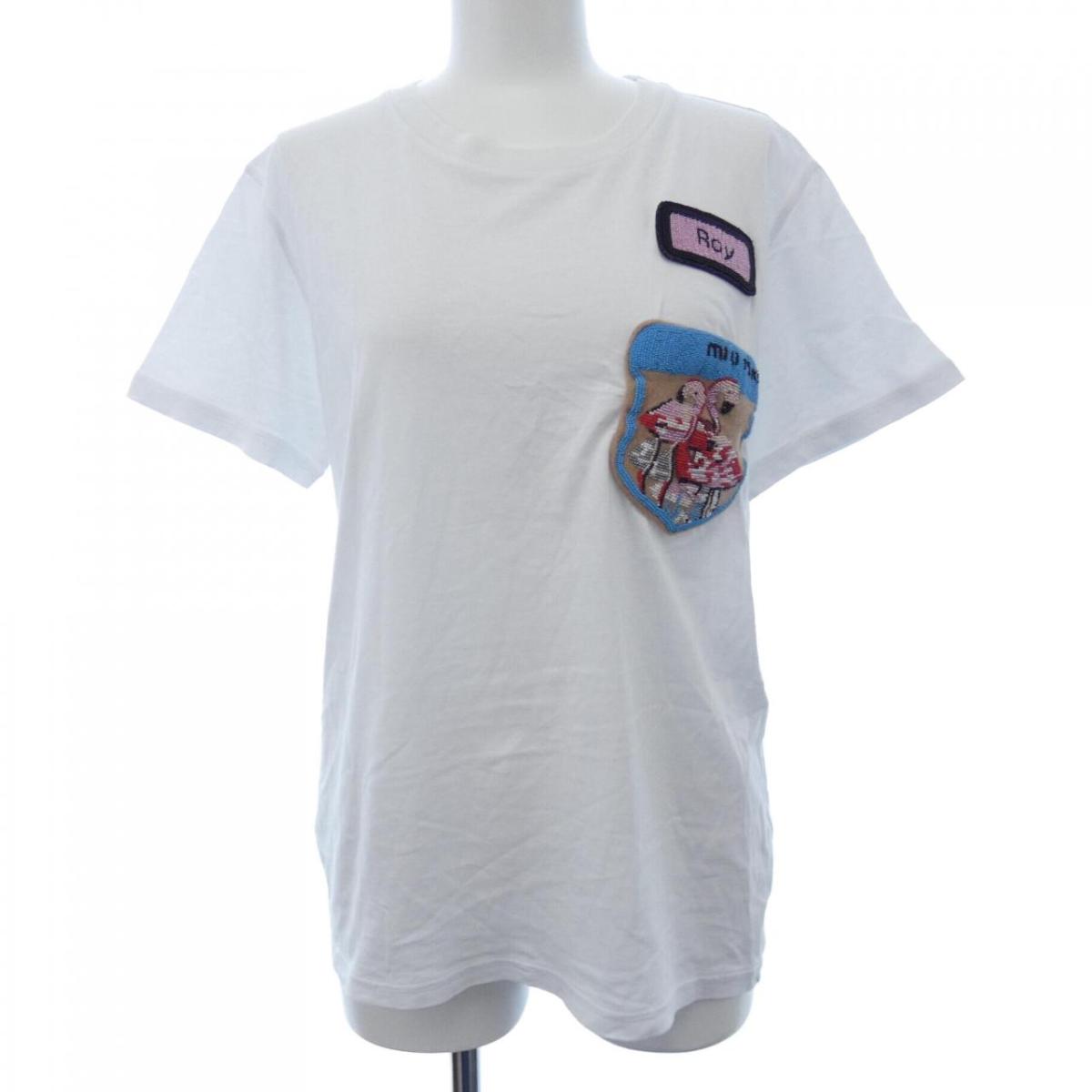 24SS人気完売★miu miuミュウミュウ ロゴ入りTシャツ ★sizeМ MIU MIU (ミュウミュウ) リブコットン ロゴパッチ クロップドT