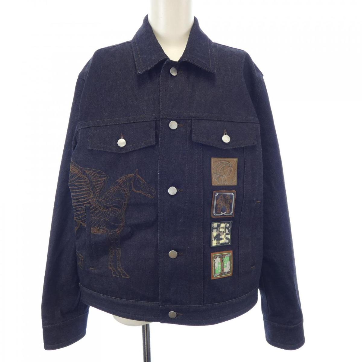 未使用　HERMES エルメス　リネン　シルク　ジャケット　デニム　ネイビー エルメス シルク×リネン デニムジャケット 38 レディース