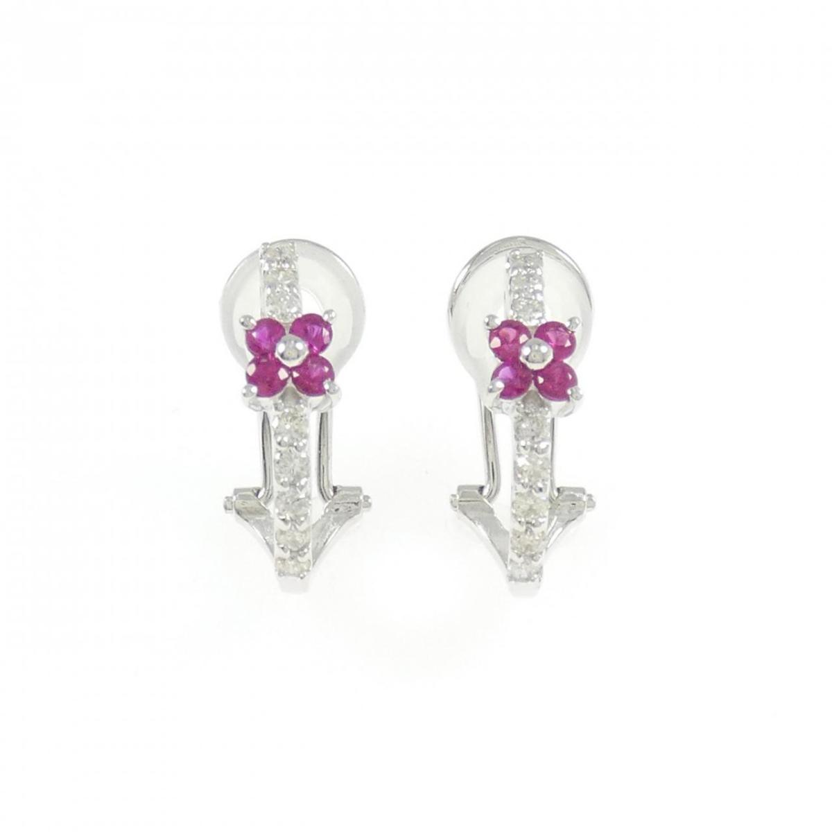 K18WG フラワー ルビー ピアス/イヤリング 0.32CT【中古】