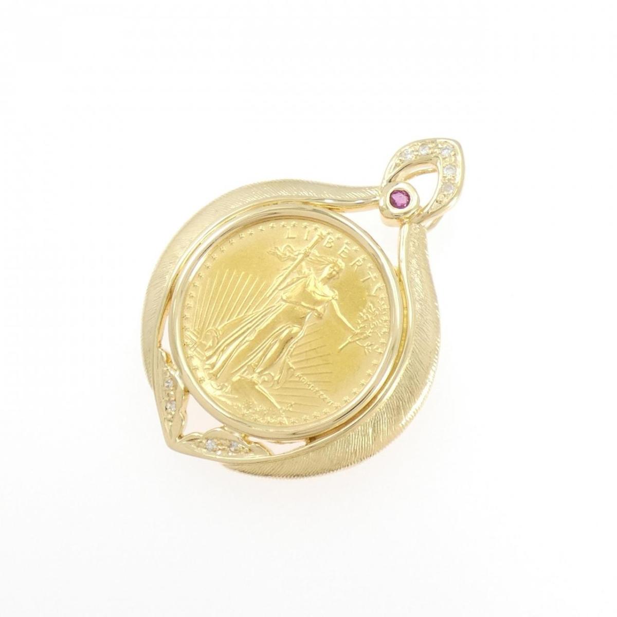 K18YG(枠) ルビー コイン ペンダント 0.064CT【中古】