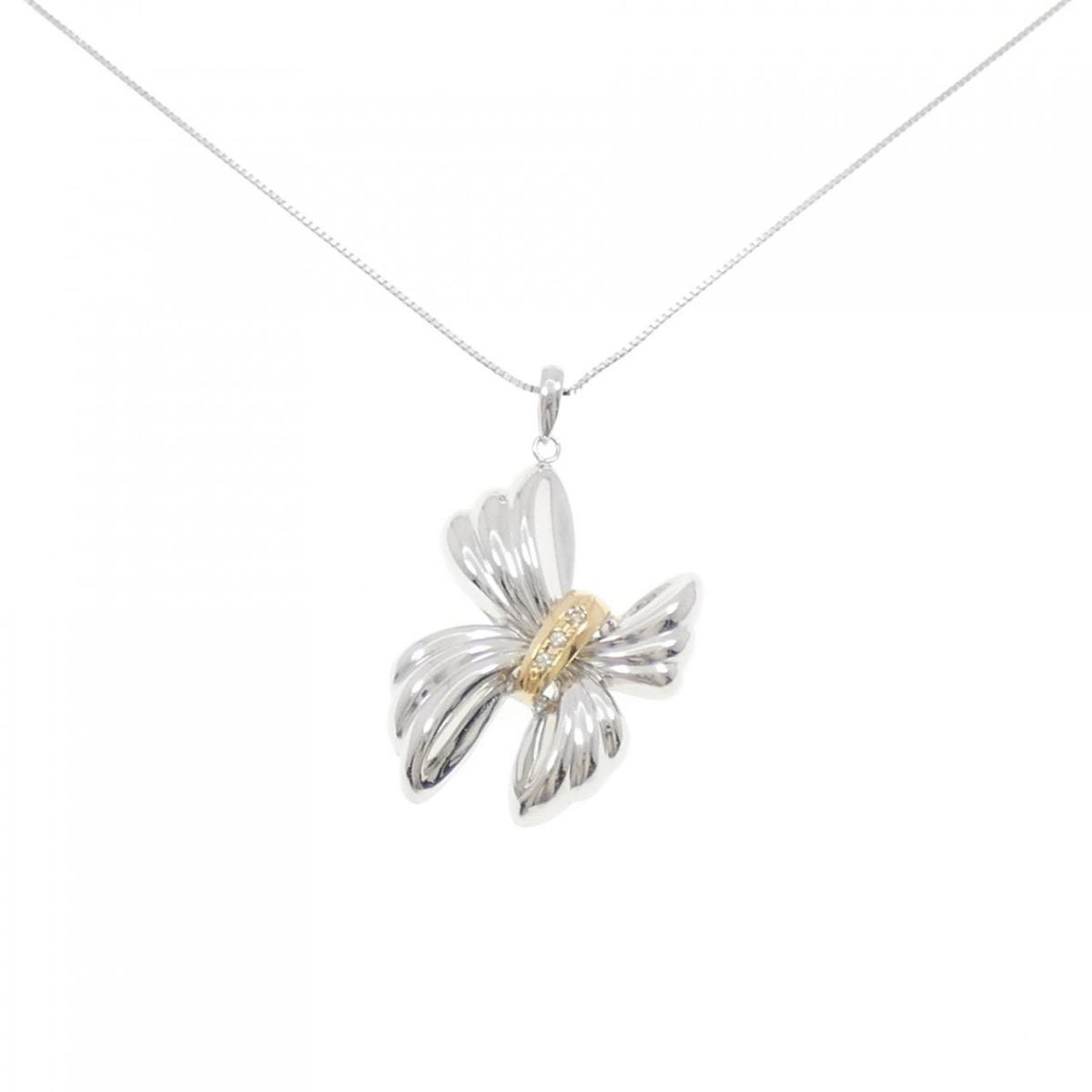 K18WG/K18YG リボン ダイヤモンド ネックレス 0.03CT【中古】
