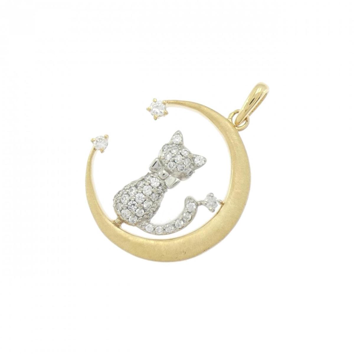K18YG/PT950 キャット×ムーン ダイヤモンド ペンダント 0.21CT【中古】
