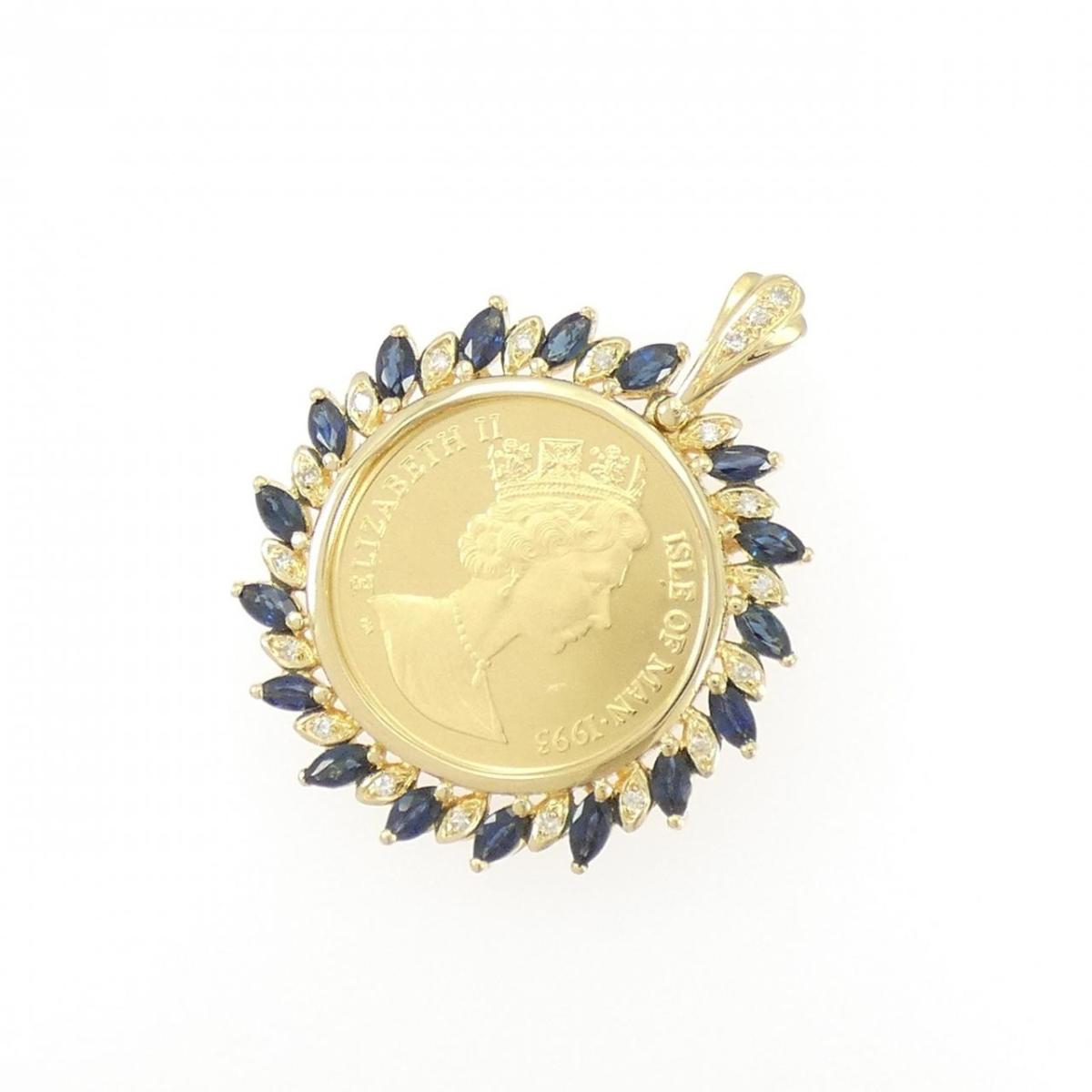 K18YG(枠) サファイヤ コイン ペンダント 2.30CT【中古】