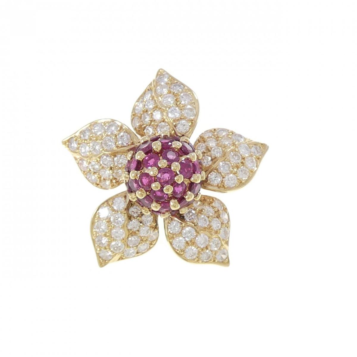 K18YG フラワー ルビー ブローチ 3.25CT【中古】
