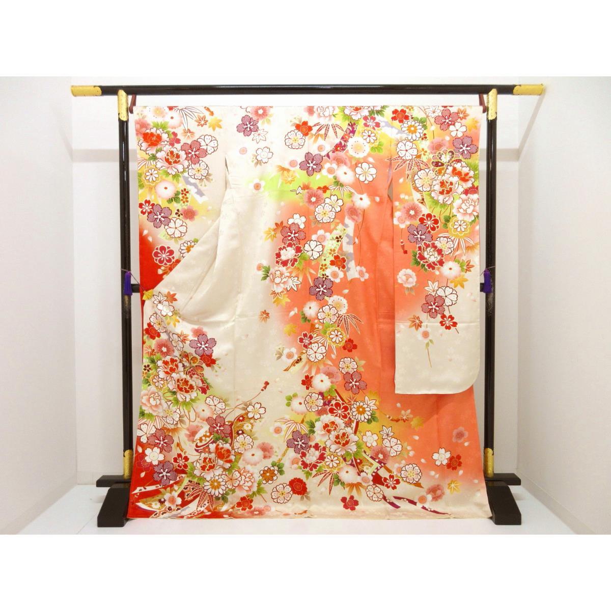 【未当て嵌める品】振袖 友禅金彩工業 刺しゅう入り口・入口ボカシ染【中古】
