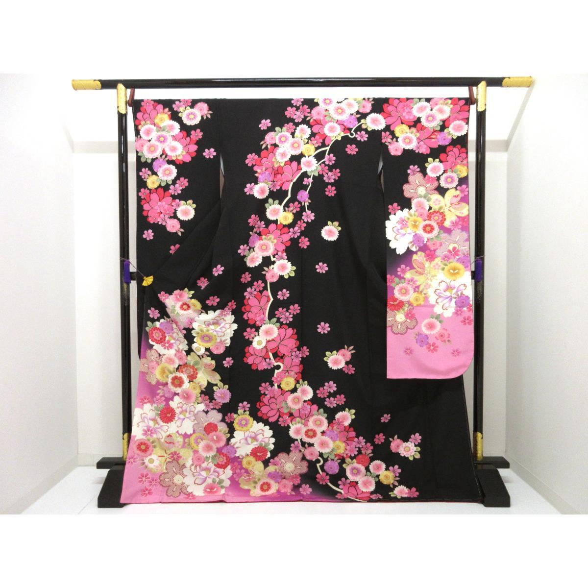 【未当て嵌める品】振袖 友禅金彩工業 刺しゅう入り口・入口ボカシ染【中古】