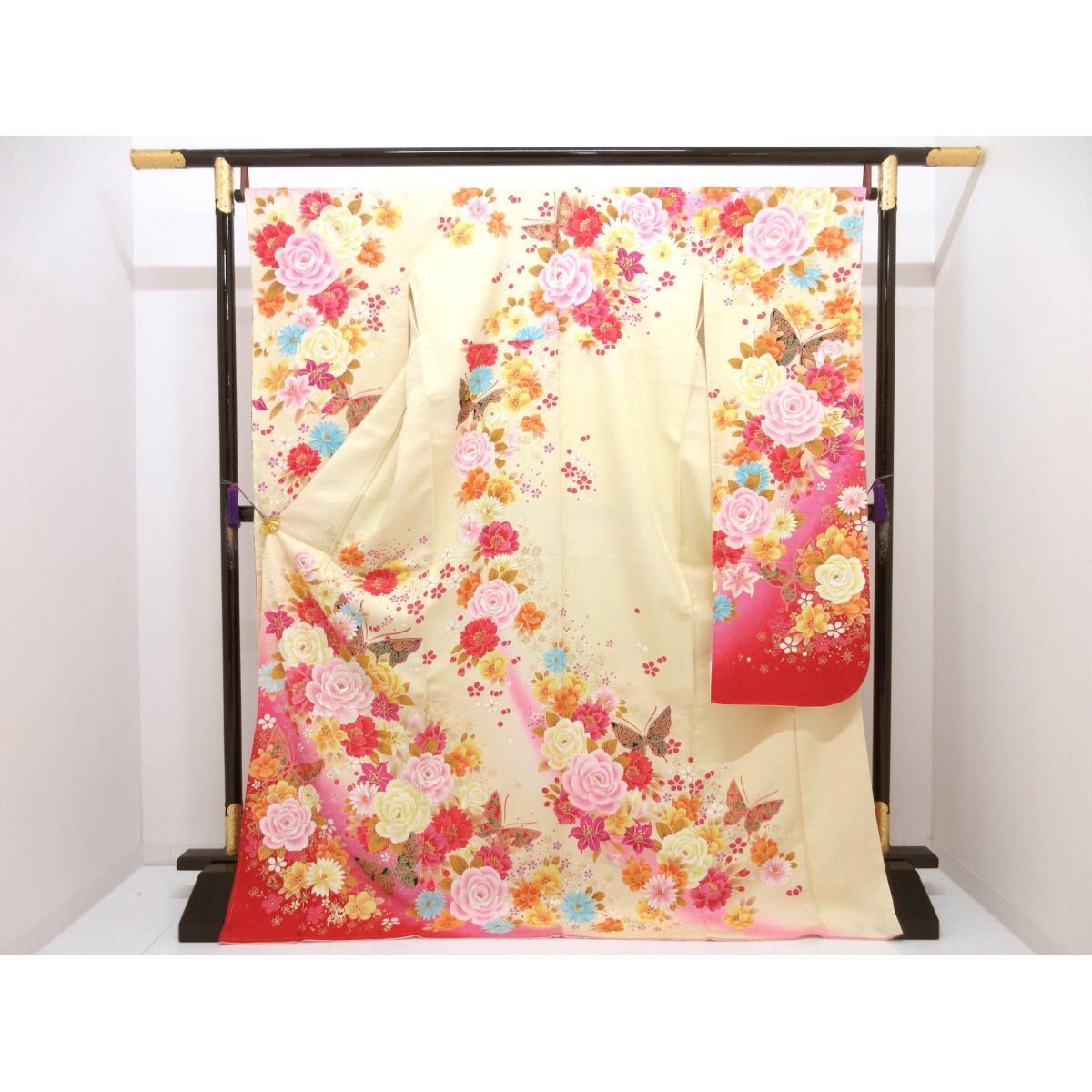 【未当て嵌める品】振袖 友禅金彩工業 刺しゅう入り口・入口ボカシ染【中古】