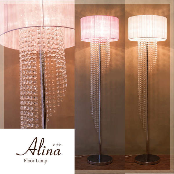 上品な3灯のフロアランプ 096ALINA ランプ ゴージャス レトロ 中間スイッチ 3灯 上品 クリスタル お洒落 上品 ホワイト ピンク きれい フットスイッチ|家具 生活雑貨の くつろぎライフ