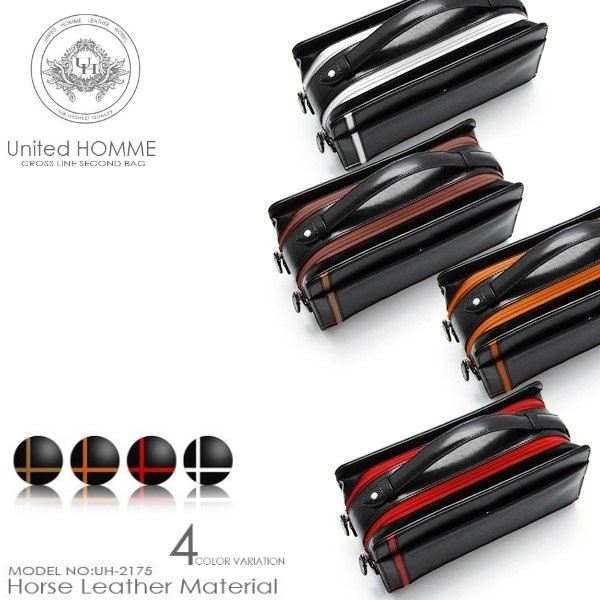 バッグ メンズバッグ クラッチバッグ セカンドバッグ United HOMME 馬革クロスラインセカンドバッグ メンズポーチ本体ブラック UH-2175 馬革 クロスライン セカンドバッグ 目を惹く 艶 クロスライン メンズポーチ ブラック マグネット式 ポケット ZIP式