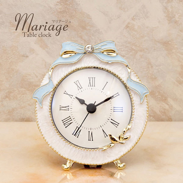 ＼本日P6倍!300円クーポン／Mariage マリアージュ テーブルクロック（ブルーリボン）ラウンド【同色2個組】 置き時計 掛け時計 置き時計 CL01B 時計 置時計 アンティーク調 リボン 姫系 キュート 上品 高級感 優雅 エレガント ロマンティック