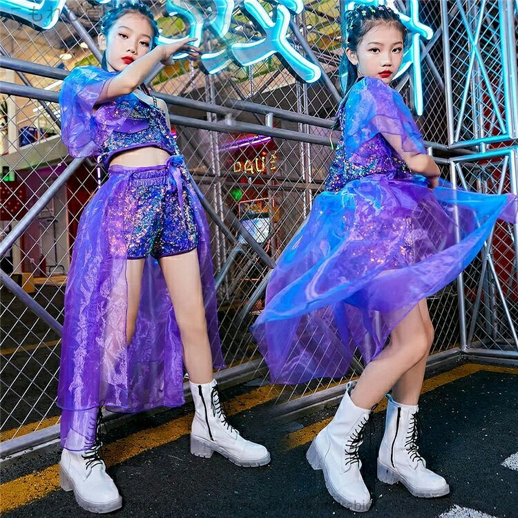 【送料無料】キッズダンス衣装 スパンコール おしゃれ 子供ダンス ダンス衣装 女の子 ガールズ ジャズダンス ヒップホップ JAZZ 演出 hiphop ステージ 舞台 可愛い メッシュ スカート