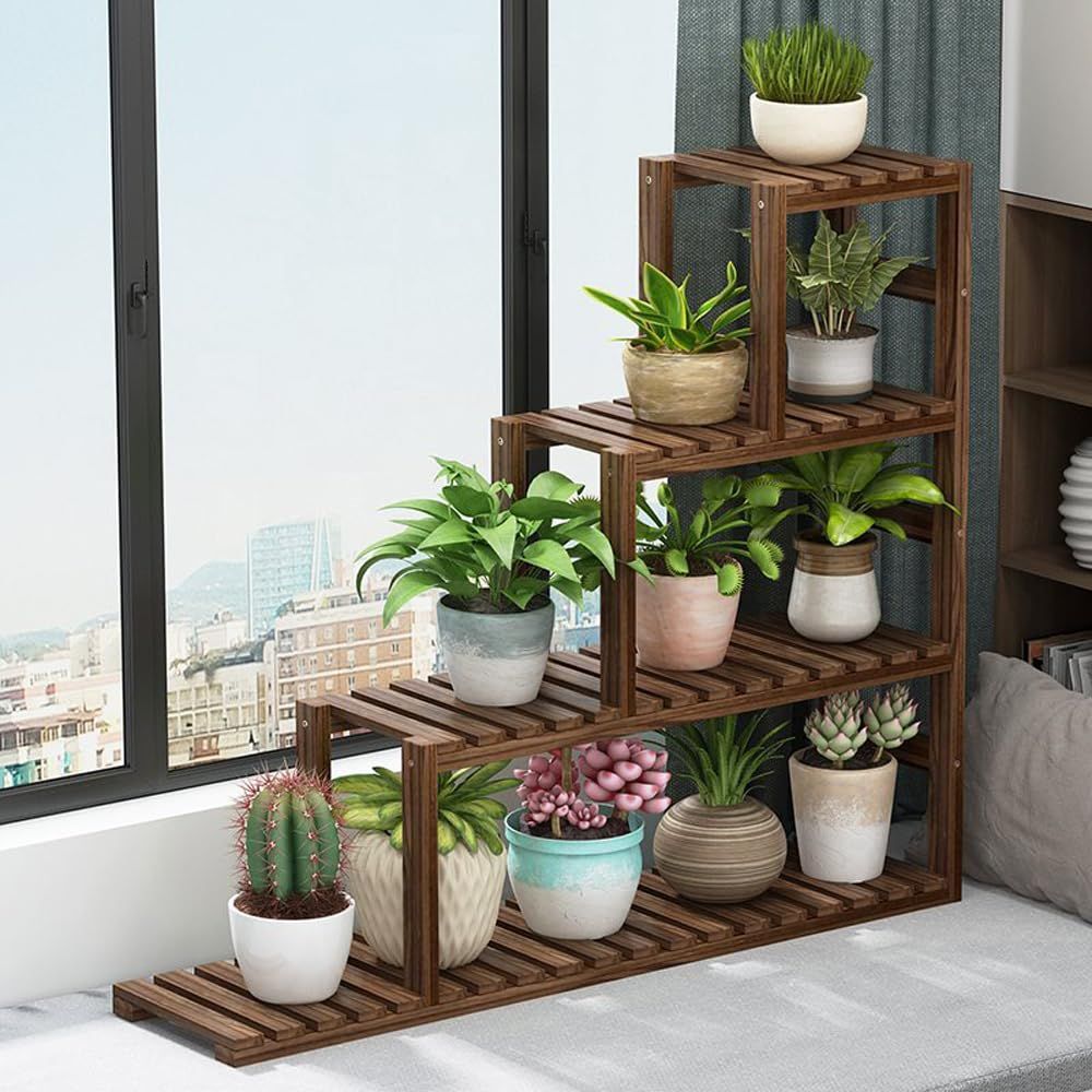 【送料無料】木製 階段式 植物棚 4 段 室内 屋外 対応 多層 フラワーラック コーナー 観葉植物 棚 ガーデン ベランダ バルコニー リビング｜こもれび堂