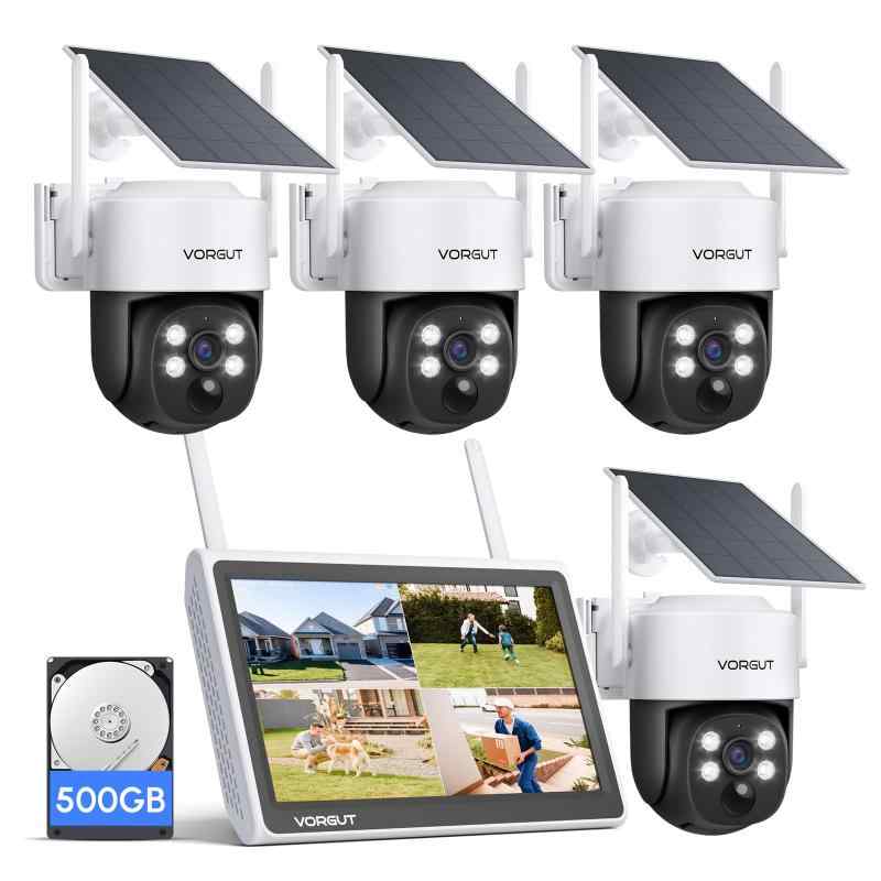 VORGUT 防犯カメラ 屋外 ソーラー 4台セットモニター付き 監視カメラ ソーラー 工事不要 電源不要 2.4G&5G WiFi対応 5年 無線防犯カメラ PIR人体検知 音声威嚇