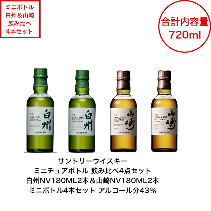 楽天市場】サントリー シングルモルト 山崎 白州 ミニボトル 飲み比べ4本セット 山崎NV180ml 白州NV180ml ミニチュアボトルセット  ノンヴィンテージ 国産 Japanese Whisky 国産 ジャパニーズウイスキー 贈答品 プレミアム品 お酒 レア 大人プレゼント 入手難  パーティー ...