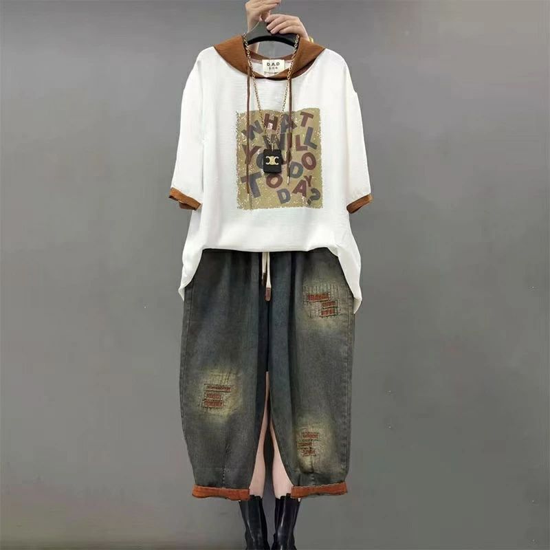 セットアップ レディース tシャツ + デニムパンツ 2点セット 夏物 半袖 デニムパンツ tシャツパーカー 半袖パーカー