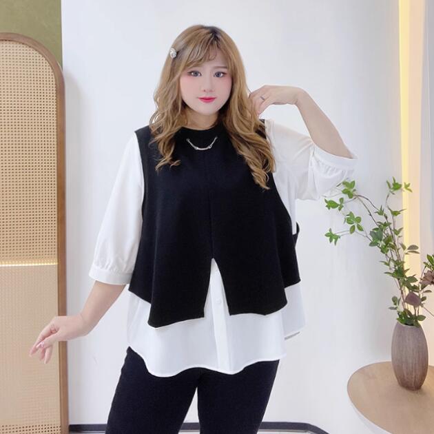 50 代 ファッション 痩せて見える レイヤードシャツ フェイクツーピース 大きいサイズ XL~4XL 黒×白 七分袖 袖有 ラ