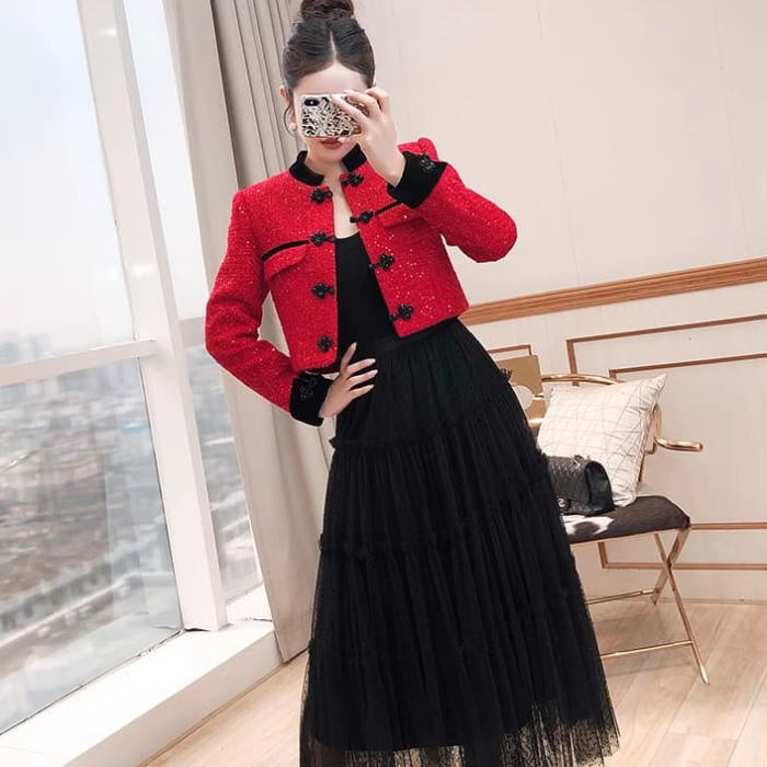 結婚式 オフィス かわいい おしゃれ スーツ 春夏 韓国 服 可愛い きれいめ 上品 黒 ブラック 赤 レッド ロング フレア フリル チ|コモリン