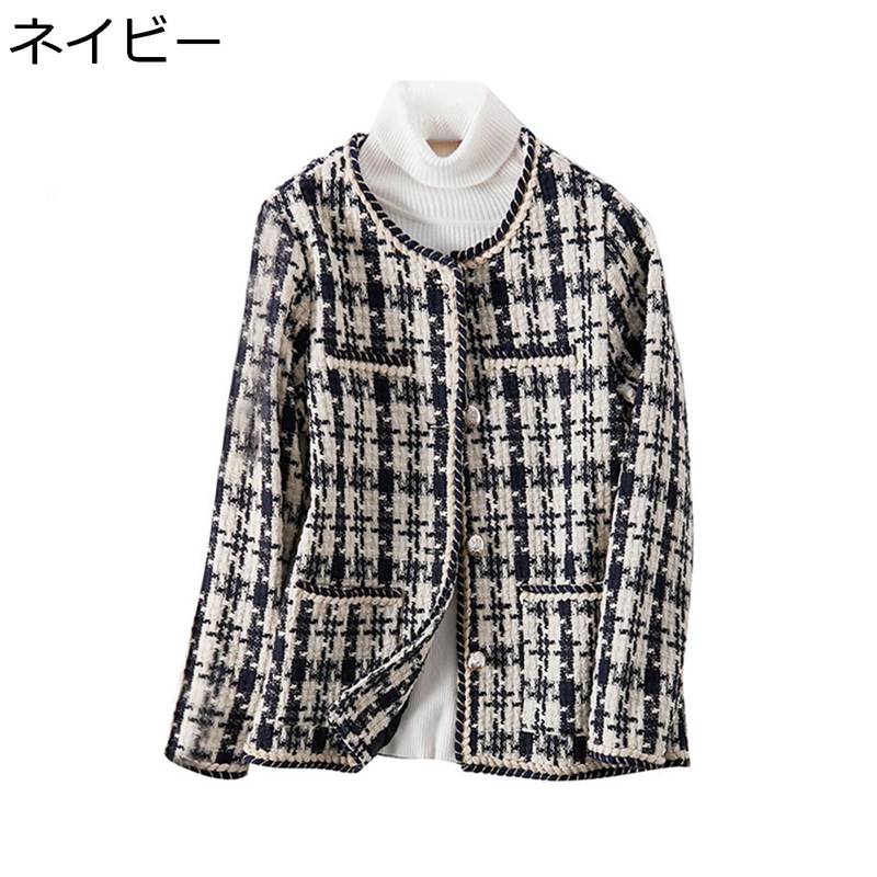 冬 丸首 メル ジャケット アウター ネイビー 防寒 暖かい ショート丈 チェスターコート 秋 レディース 防風 ツイード チェック柄