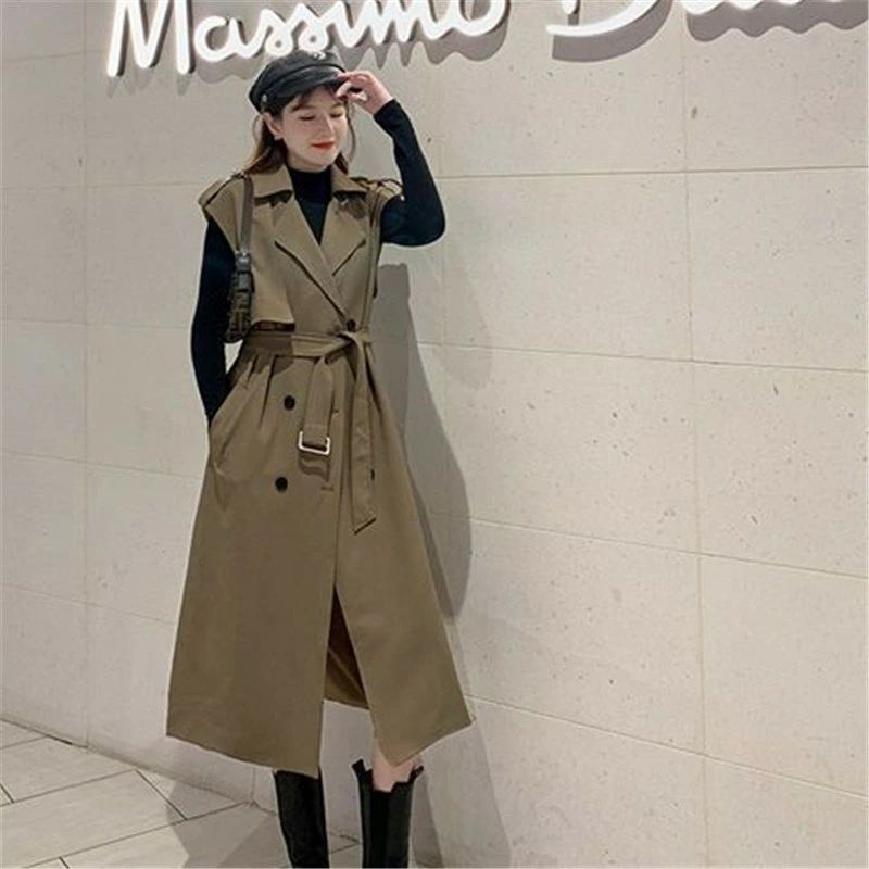 ロングベスト ロングジレ カジュアルコート ジレ ウエストベルト ロング丈 トレンチベスト 襟付き ジレンチ ジレ ノースリーブ