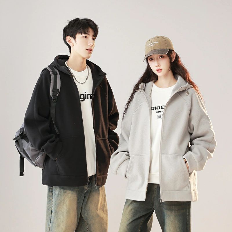 ジッパー 綿 冬 ジャケット 前開き ペアルック 裏起毛 長袖 お揃い カップル 服 パーカー アメカジ 秋 ブランド フード付き レデ