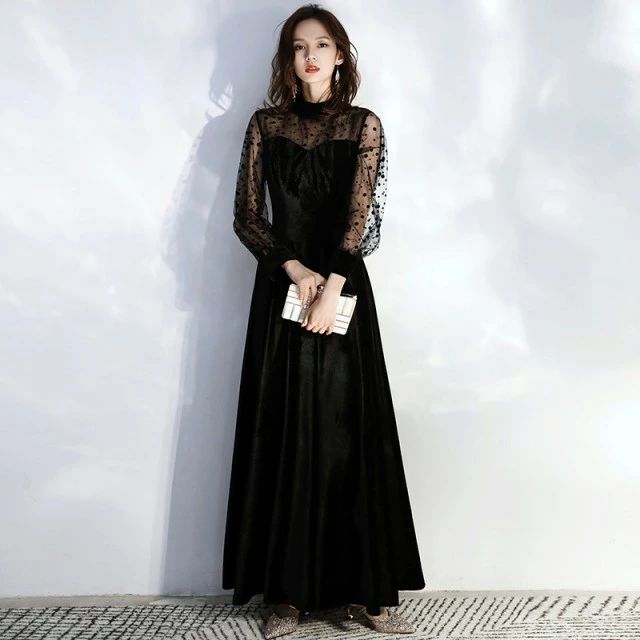 お呼ばれ 韓国 ワンピ 長袖 小さいサイズ 3L 4L 黒 袖あり 服装 結婚式 ロング 大きいサイズ ロングドレス シースルー袖 ドレス