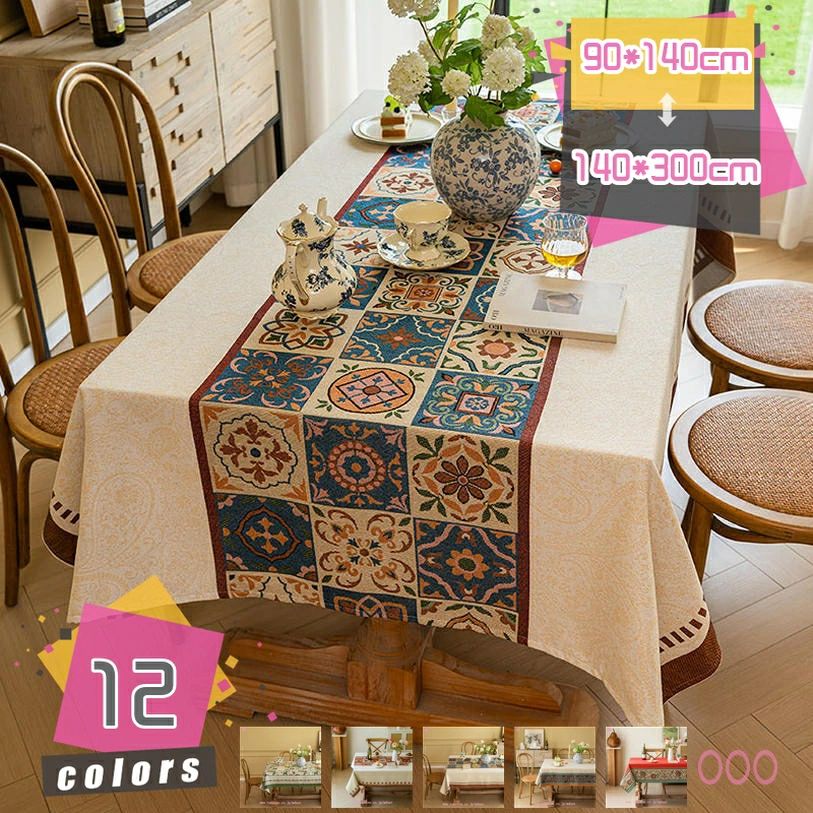肌触り 速乾性 多目的 宴会用 ずれにくい カフェ風 オフィス用 モ 綿麻製 テーブルクロス 敷物 高密度柄 エスニック柄 防水 耐熱