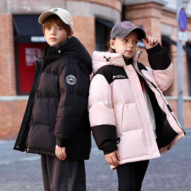 防寒 女の子 冬 男の子 保温 フード付き 厚手 キッズ ミドル丈 ジッ ホワイトダックダウン ゆったり ダウンジャケット ジュニア