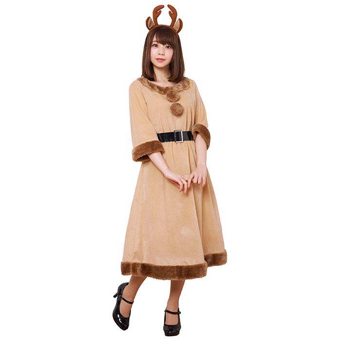 Xm ポンポンロングトナカイ カチューシャ付 トナカイコスプレ トナカイ衣装 ワンピース クリスマス ひざ下丈