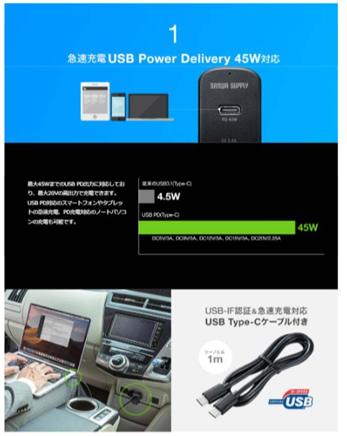 スマホ タブレット Power Pc用 Delivery対応 カーチャージャー Usb