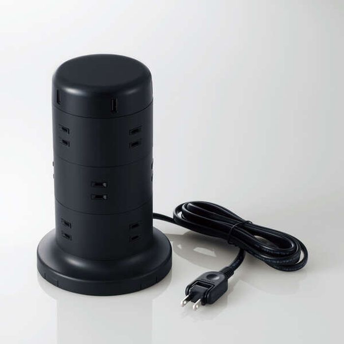 【代引不可】電源タップ 12個口 タワー型 USBタップ 2.0m USB-Aポート付 5ポート リビング オフィス ブラック エレコム TT-U02-1220BK