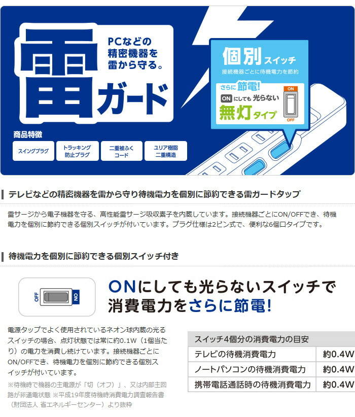 買取り実績 エレコム 電源タップ 雷ガード 光らない個別スイッチ スイングプラグ 6個口 5m ホワイト T-K5B-2650WH  polimar.com.br