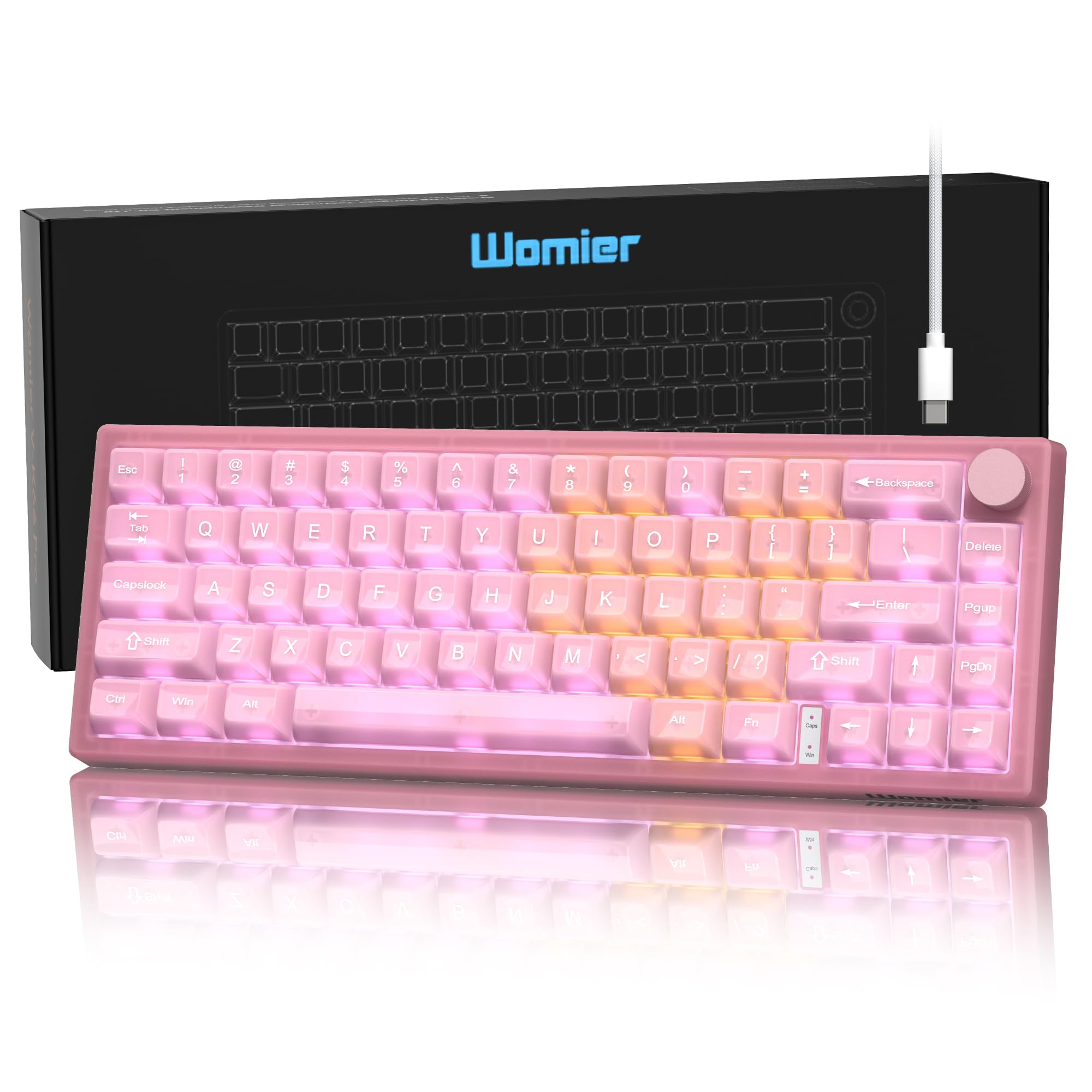 Womier 60% ゲーミングメカニカルキーボード、QMK/VIA対応、ホットスワップ可能、ガスケットマウント、RGBバックライト、PBTキーキャップ付き (VK66 PRO ピンク-1)