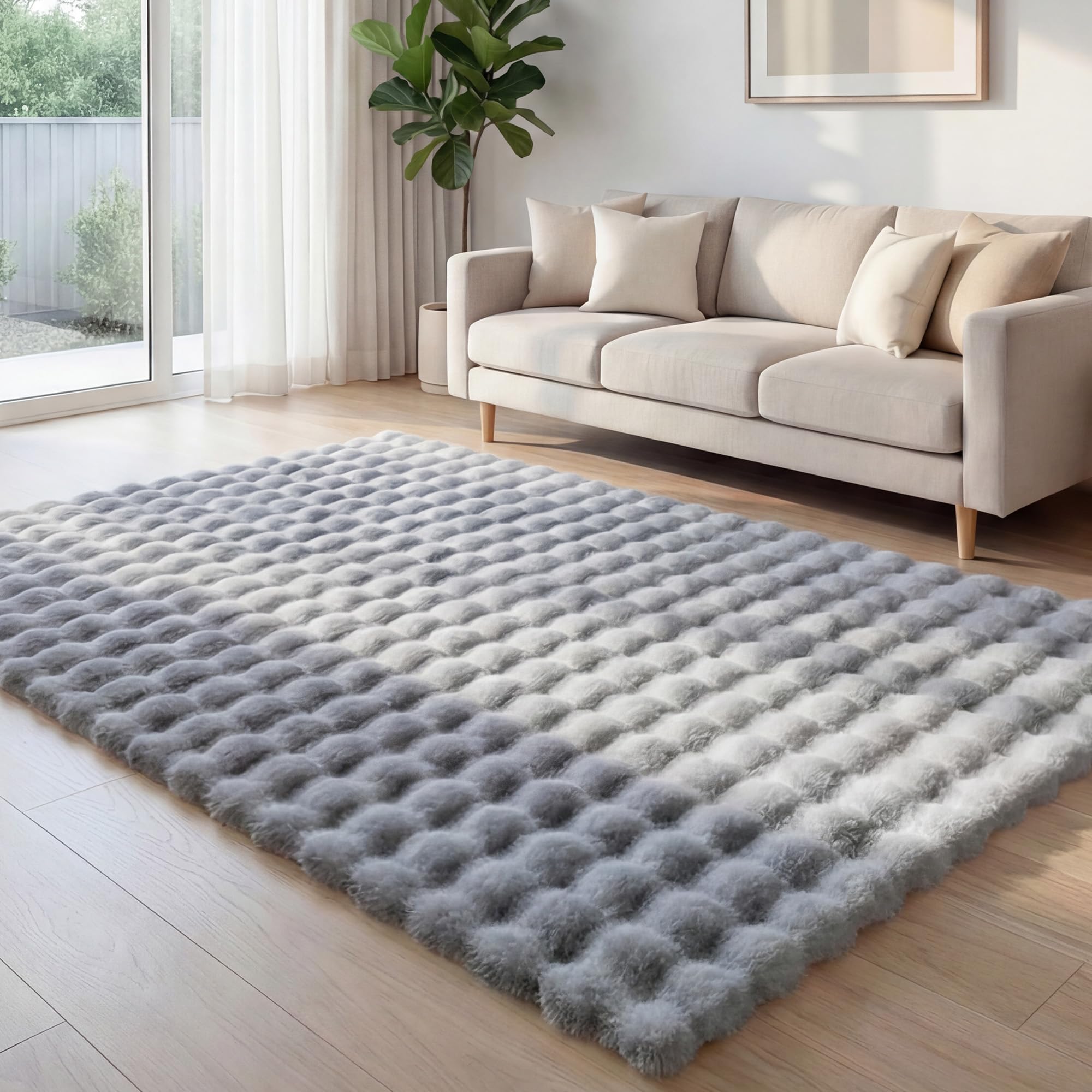 ラグ 180×240cm 約3畳 グレー フェイクラビットファー ふわふわ ポコポコデザイン おしゃれ カーペット 滑り止め付き オールシーズン対応 洗える お手入れ簡単 収納しやすい [並行輸入品]