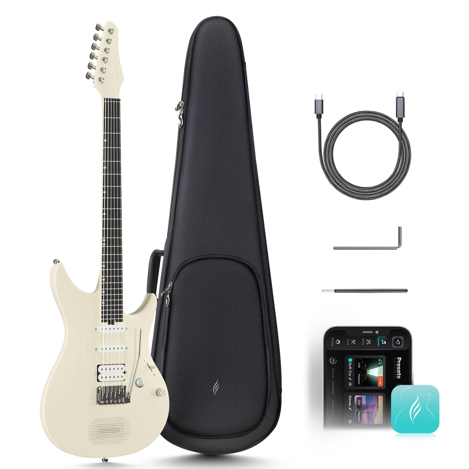 Enya Inspire エレクトリックギター 39インチ スマートエレクトリックカーボンファイバーギター 15W ワイヤレススピーカー、20種類の音色、オンボードプリセット、充電ケーブル、調整レンチ、ギグバッグ付き