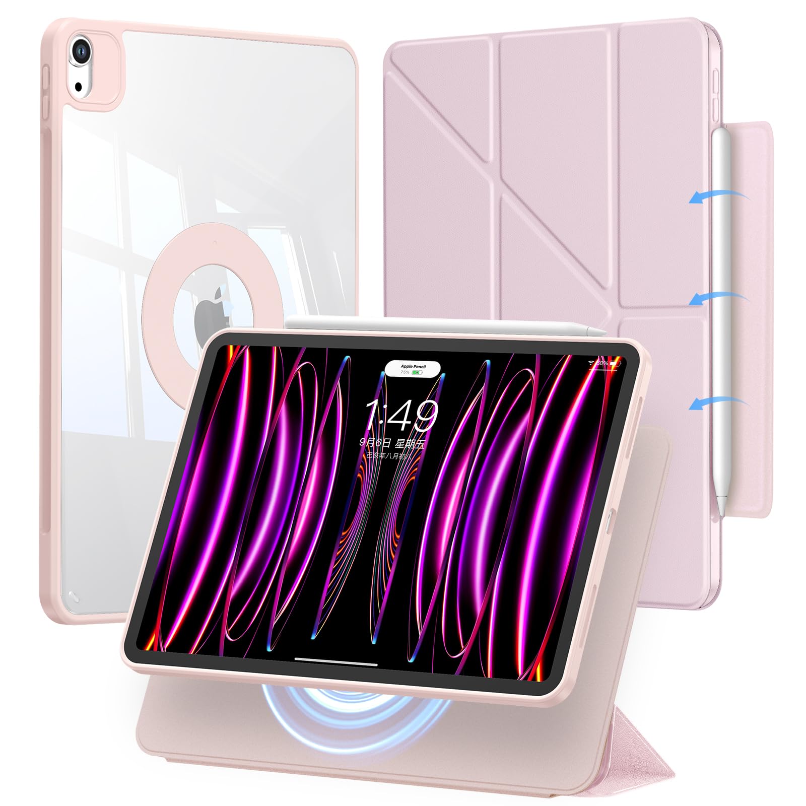 iPad Air 13インチ ケース M2/M3対応（2024/2025）iPad Pro 12.9インチ 専用カバー 第6/5/4世代（2022/2021/2020）磁気式&着脱式 折りスタンドケース 衝撃保護 横置＆縦置角度調整可能 三角形の構造 安定 5,049円
