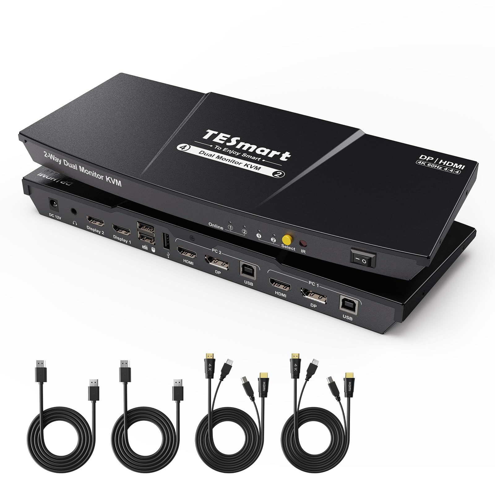 TESmart KVMスイッチ 2入力2出力(HDMI＋DisplayPort) デュアルモニター対応 2台PC2画面拡張表示 4K@60Hz ホットキー、マウス＆キーボード互換性強化 L/Rオーディオ、リモコン、入力ケーブル付属