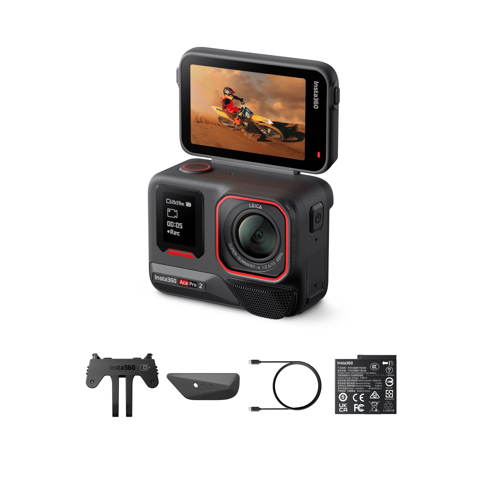 Insta360 Ace Pro 2 - ライカとの共同開発による防水仕様の8Kアクションカメラ。1/1.3インチセンサー、デュアルAIチップ 暗所性能 オーディオ、フリップ式スクリーン＆AI編集でVlogやオートバイなどに最適 標準バッテリー(1個) S