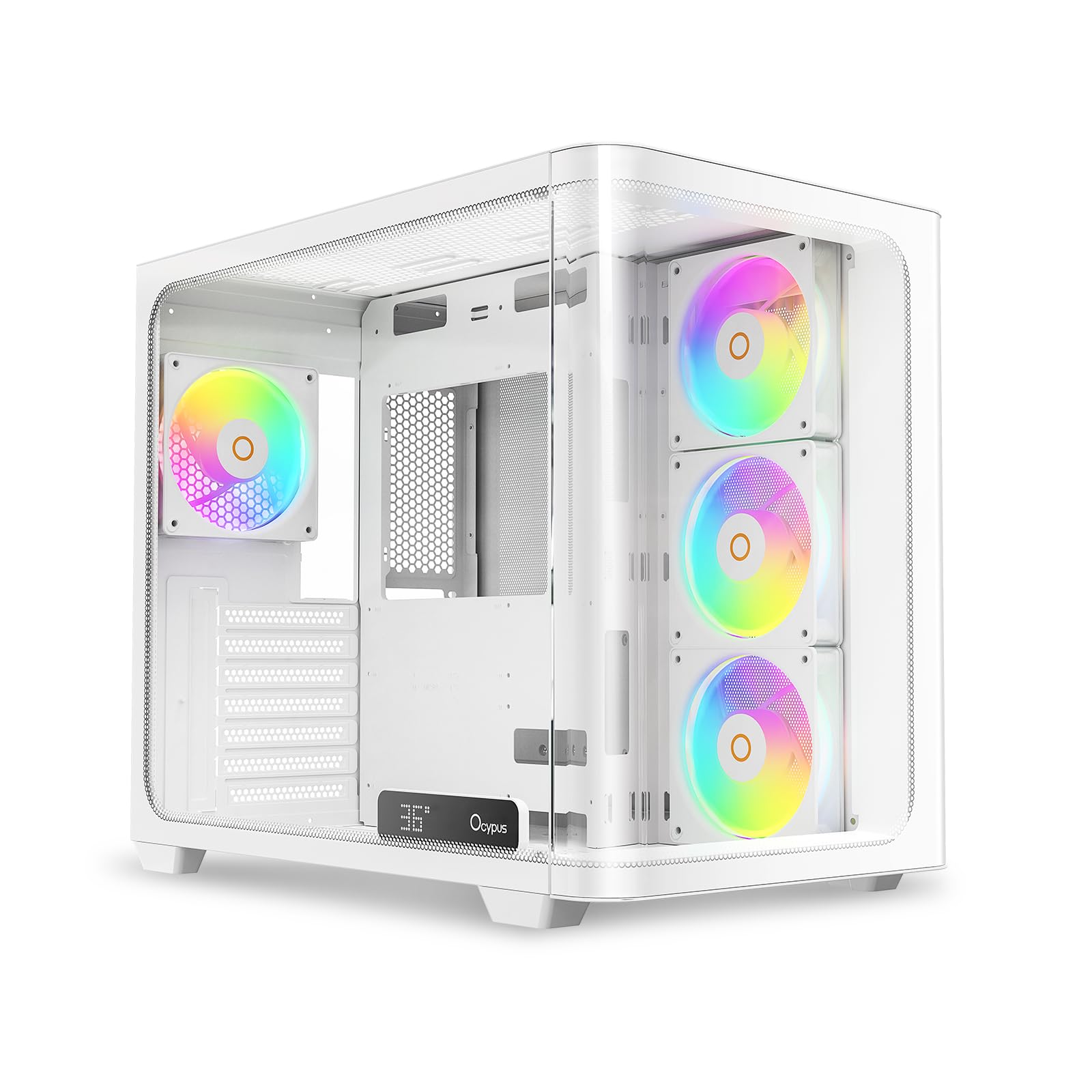 Iota C70 WH Curve ARGB DigitalミッドタワーATXゲーミングPCケース、270°曲面パノラマビュー、リアルタイム温度表示、PWMファン4基プリインストール、完全通気エアフロー、大型デュアルチャンバー、ATX/MATX/ITX対応