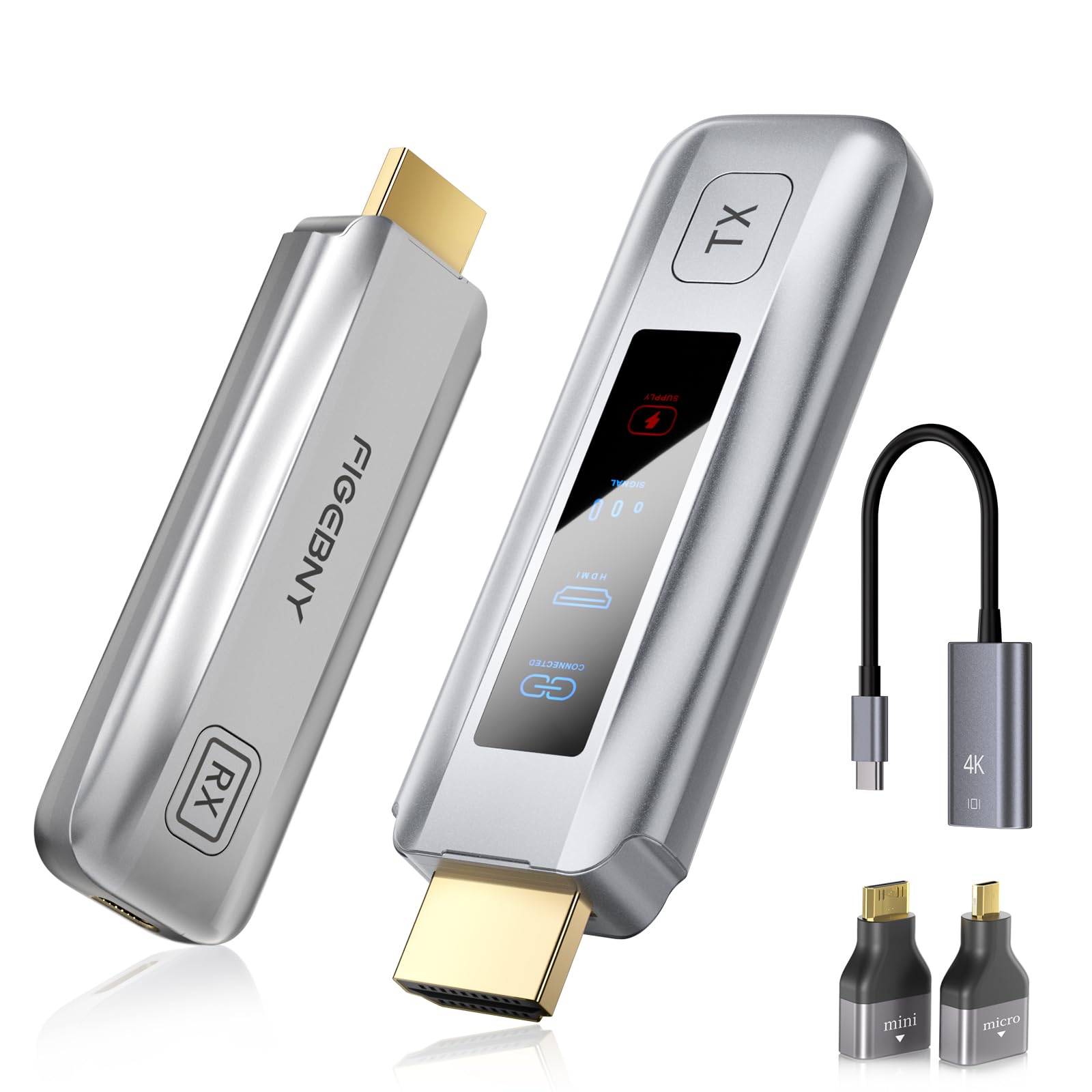 FIGEBNY hdmi 無線 ワイヤレス 送受信機セット LEDディスプレイ 搭載【日本技適認証済】低遅延 30m伝送距離 パソコン、スマホ、プロジェクター、カメラなど入力 (シルバー)
