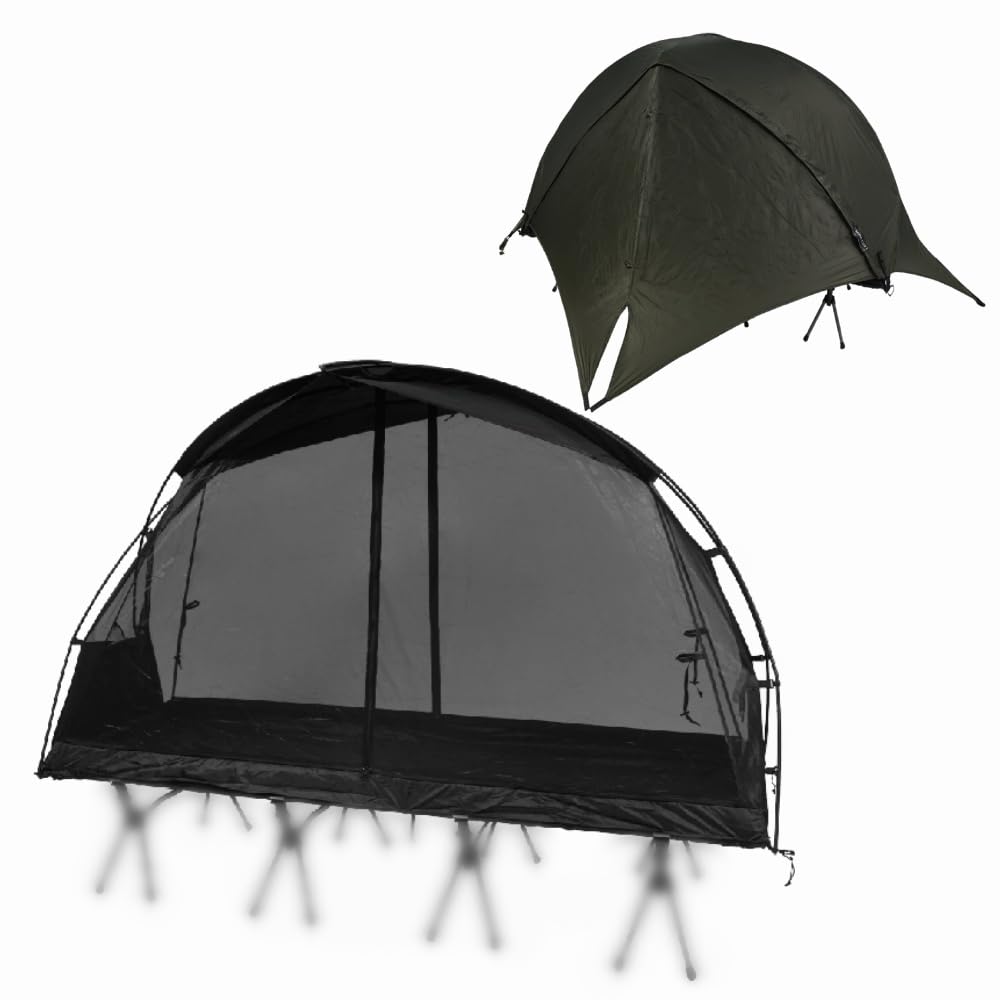 CAMVIL SORA 1人用テント 防水外帳付き コットメッシュテント 軽量 ソロキャンプ 自転車/バックパッキング向け 前後ドア メッシュ＆TPU天窓超軽量アルミポール コンパクト収納 簡単設営 (カーキ, M 190*70)