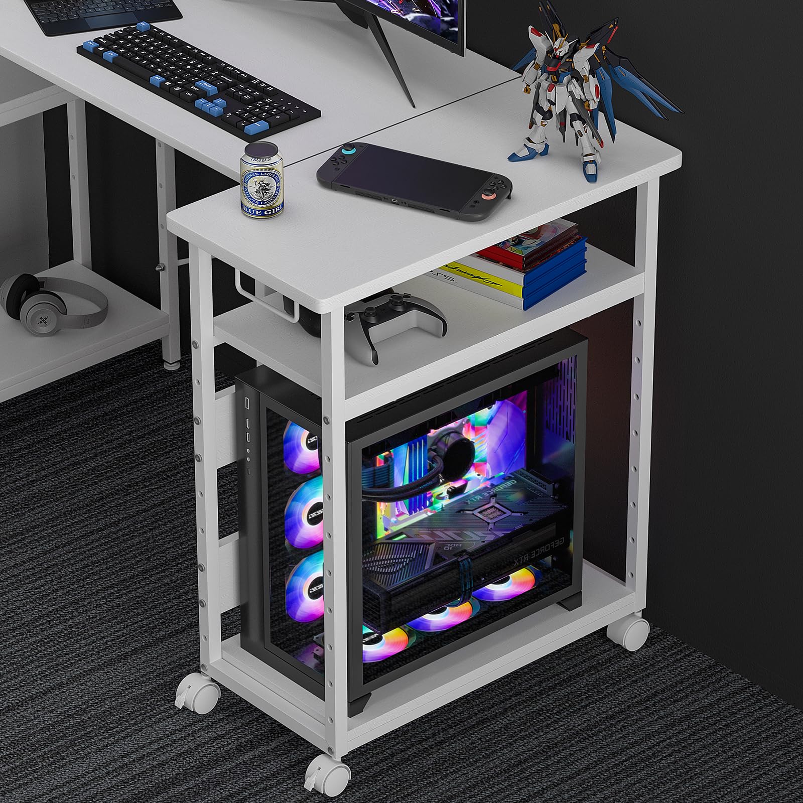 pcラック 3段 pcワゴン【幅30×奥行60×高さ70cm】パソコンワゴン キャスター付き 棚板高さ9段階調節 パソコンラック cpuワゴン 両側取っ手付き プリンターラック サイドデスク 木製 デスクサイドワゴン オフィス収納 (ホワイト)