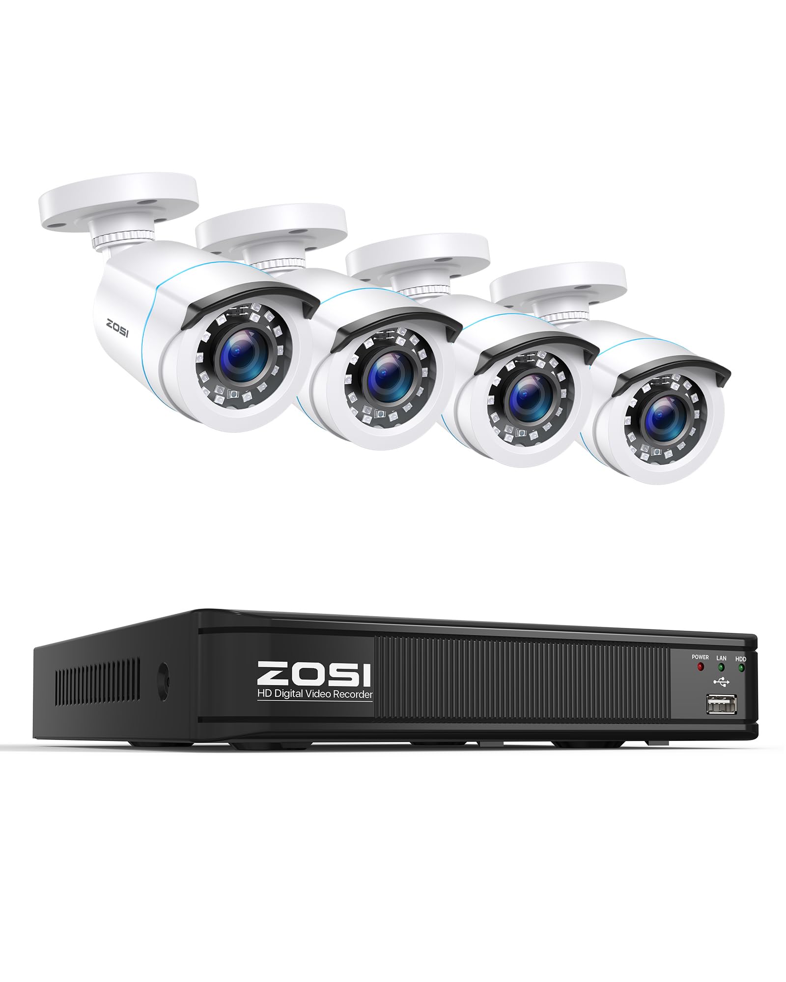 ZOSI 防犯カメラシステム 1080P 200万画素スタンダード型防犯カメラ屋外4台 AI人体車両検知 24mナイトビジョン リモートモニタリング ハードドライブなし IP66耐候性|湖南オンライン