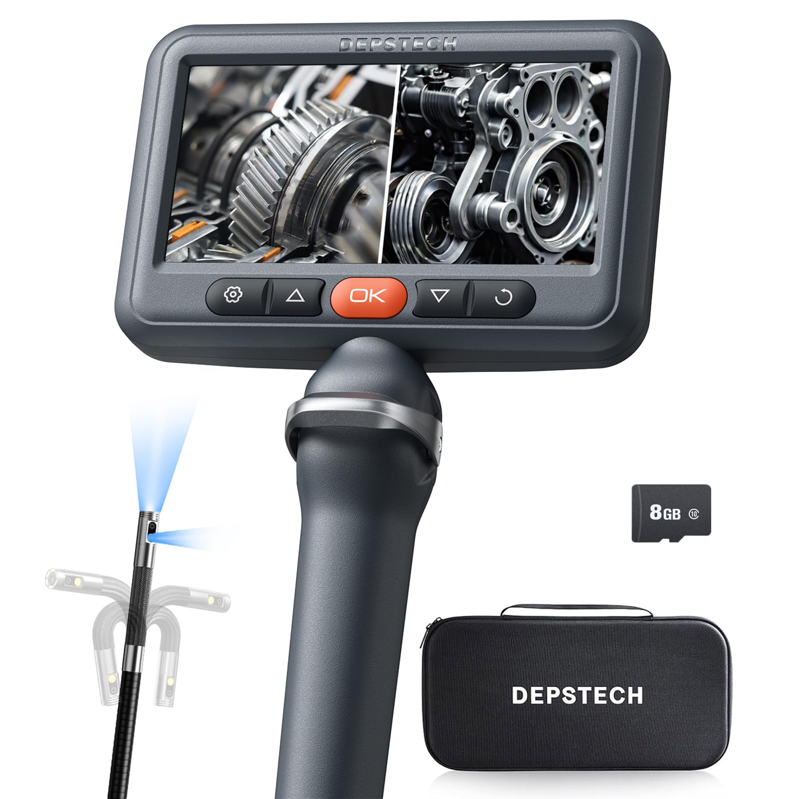 【2026年新型＆デュアルレンズ】DEPSTECH 先端可動式 ファイバースコープ 5インチ大画面IPSモニター 1080Pカメラ 8.5MM極細 210&deg;双方向回転可能 IP67防水 内視鏡カメラ LEDライト付き 車整備 機械点検 自宅メンテナンス 収｜湖南オンライン