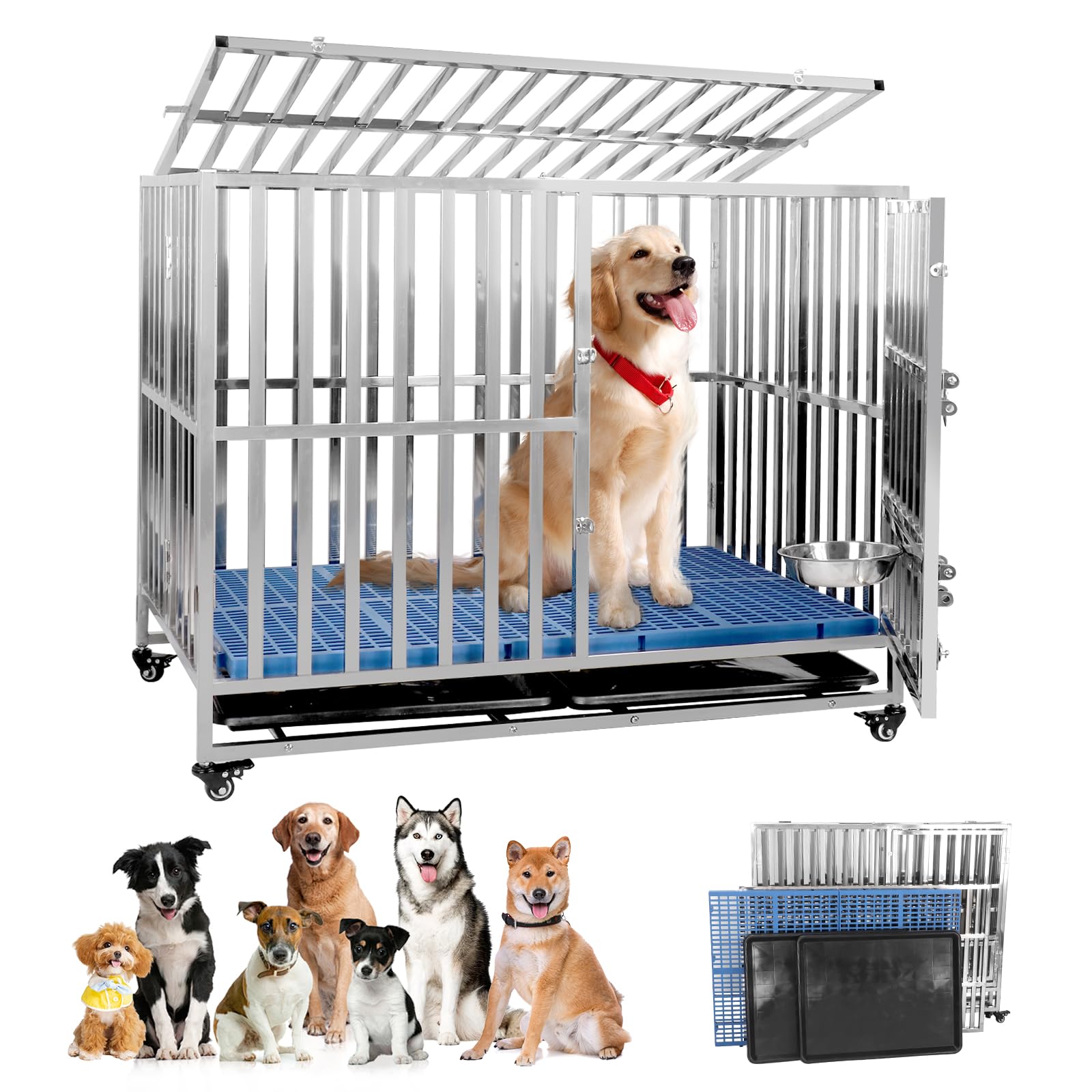 Xverycan 大型犬 ケージ ステンレス鋼製 折りたたみ式 耐荷重250kg ダブルドア/トレー/マット/給餌器付き 脱走防止 キャスター付き 組立簡単 頑丈 室内室外兼用 ペットケージ 犬用サークル 小型犬/中型犬/大型犬対応 (110x72x92c